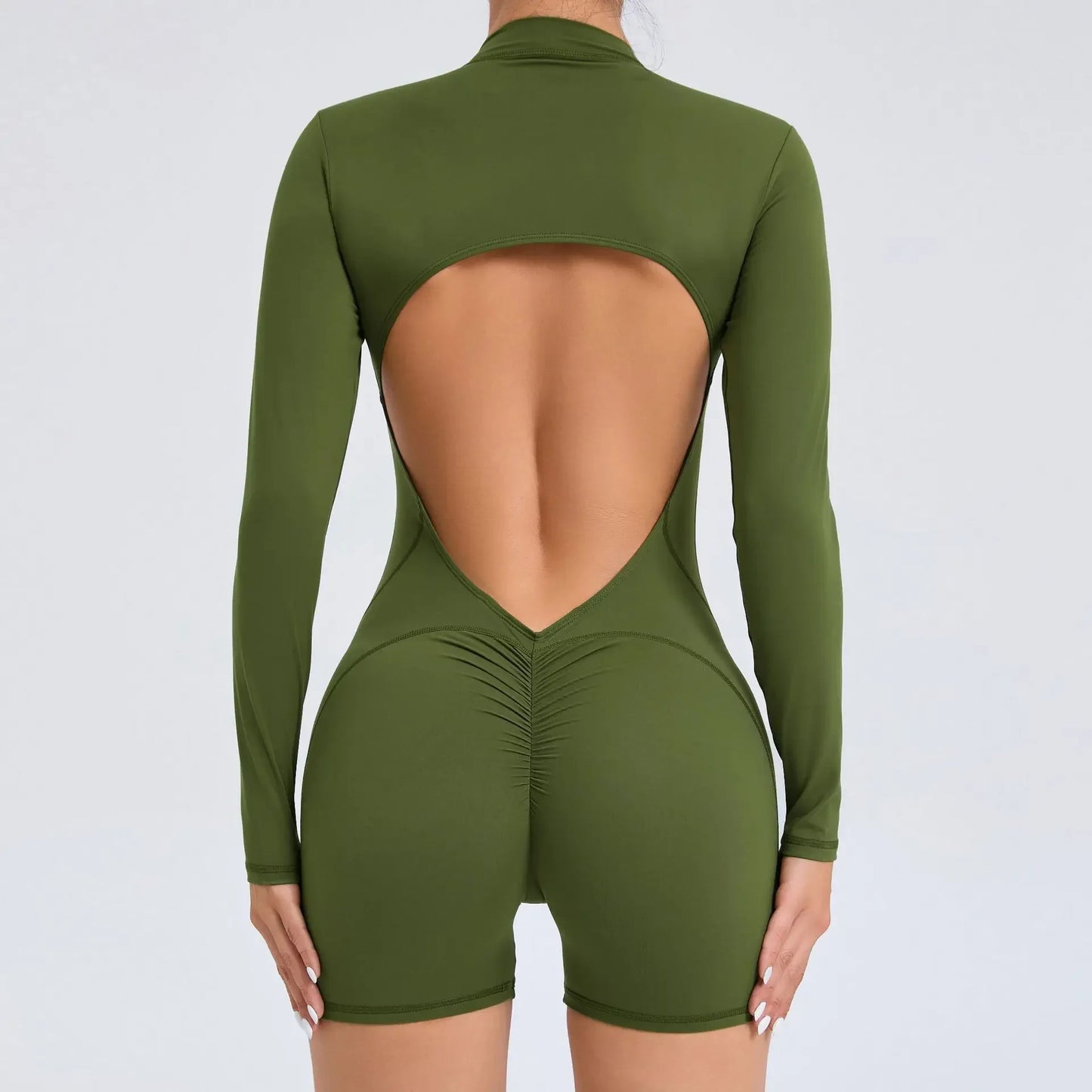 Women's V Back Scrunch Push Up Sports Jumpsuit Zipper One-Piece Fitness Rompers High Waist Bodysuits Butt Lift Training Overalls