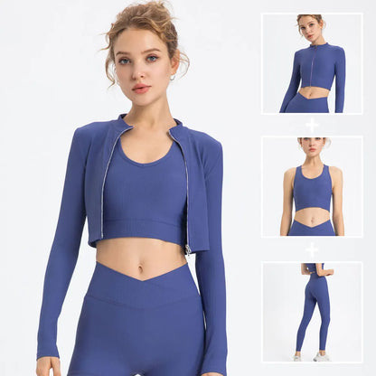 Conjunto deportivo de 3 piezas acanalado para mujer: top de yoga, chaqueta, leggings con fruncido, sujetador deportivo, ropa de gimnasio, trajes de fitness