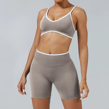 Conjunto deportivo sin costuras para mujer, sujetador deportivo acolchado, pantalones cortos de yoga que levantan la cadera para fitness