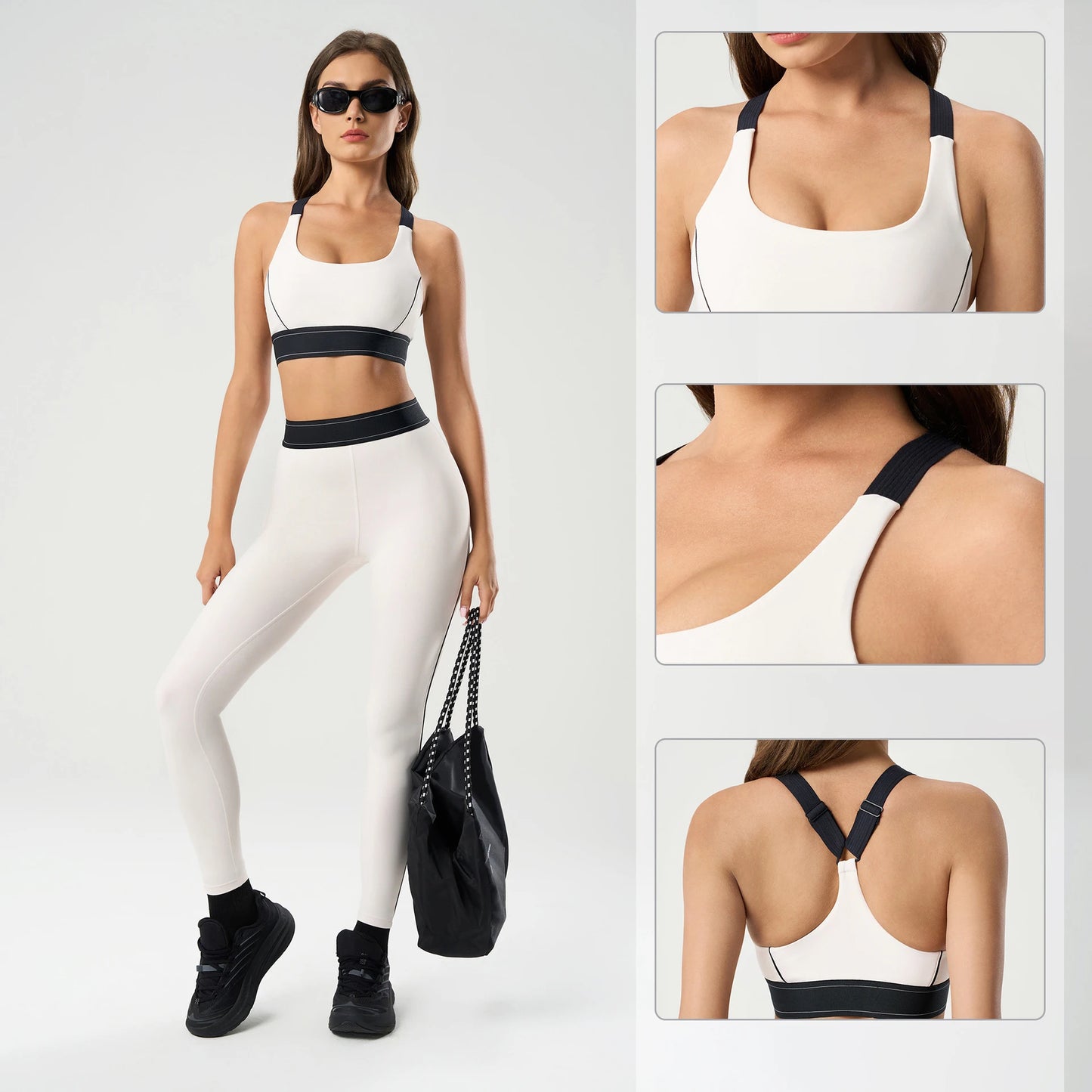 Women's High Waist Butt Lifting Yoga Set - High Impact Supportive Sports Bra and Leggings Gym Outfit with Contrast Color
