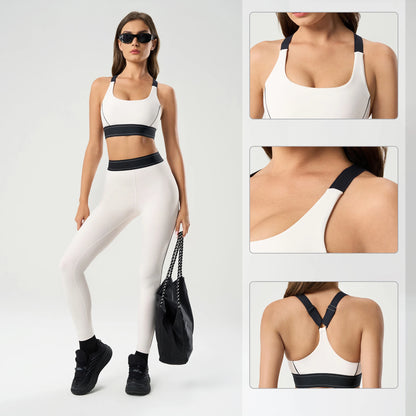 Women's High Waist Butt Lifting Yoga Set - High Impact Supportive Sports Bra and Leggings Gym Outfit with Contrast Color