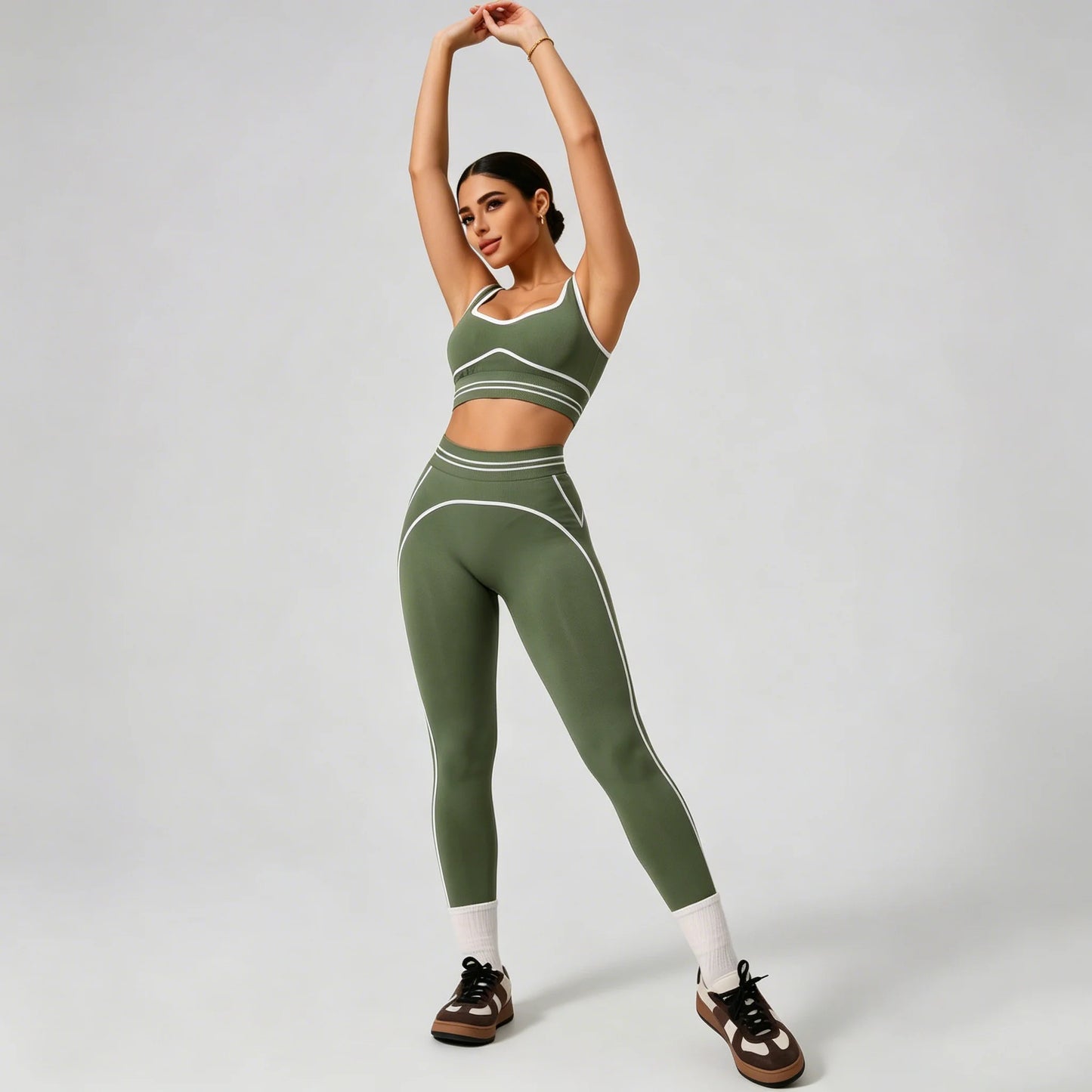 Conjunto de yoga sin costuras para mujer - Sujetador deportivo y leggings de cintura alta, ropa deportiva para gimnasio, entrenamiento, fitness, ejercicio, elástico, conjunto atlético