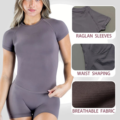 Seamless Short Sleeve T Shirts for Women Nylon High Stretch Breathable Quick Dry Slim Fit Activewear for Yoga Fitness Workout
