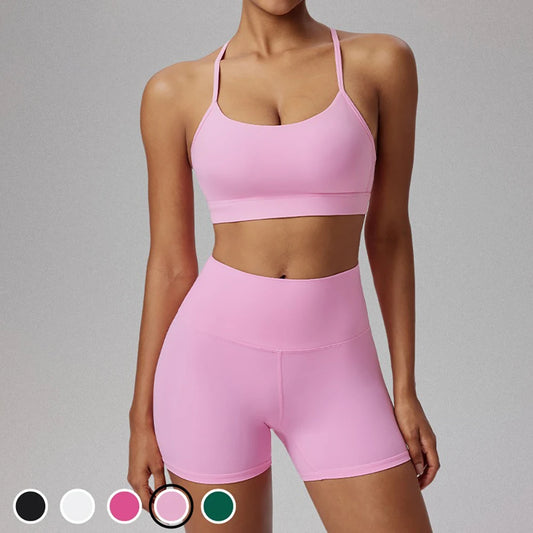 Conjunto de yoga de 2 piezas para mujer 2025 – Sujetador deportivo de alta elasticidad y pantalones cortos hasta el muslo – Ropa deportiva prémium para yoga, pilates y fitness