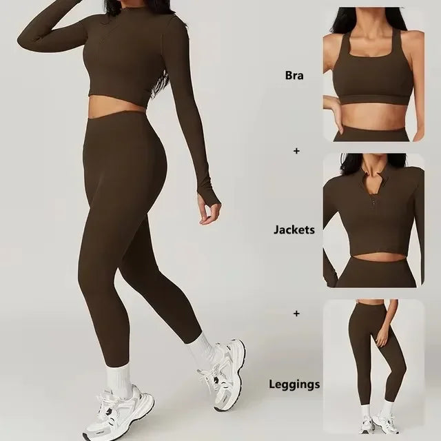 Conjunto de yoga 3 piezas traje deportivo para mujer ropa de yoga de secado rápido chaquetas de gimnasia ropa deportiva para mujer chaquetas de running conjunto para mujer