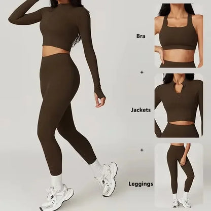 Conjunto de yoga 3 piezas traje deportivo para mujer ropa de yoga de secado rápido chaquetas de gimnasia ropa deportiva para mujer chaquetas de running conjunto para mujer