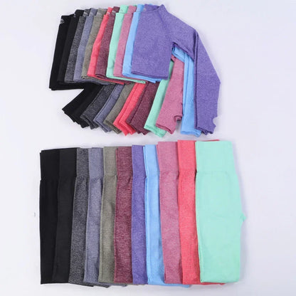 Conjunto de yoga sin costuras de leggings y top, mono de fitness, top de yoga de manga larga para mujer, ropa deportiva de gimnasio para mujer