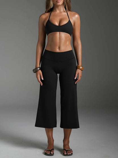 Women Halter Bralette Yoga Outfit Elastic Wide Leg Pants Set, Lightweight Slim Activewear, Fitness Suit for Running Daily Sports