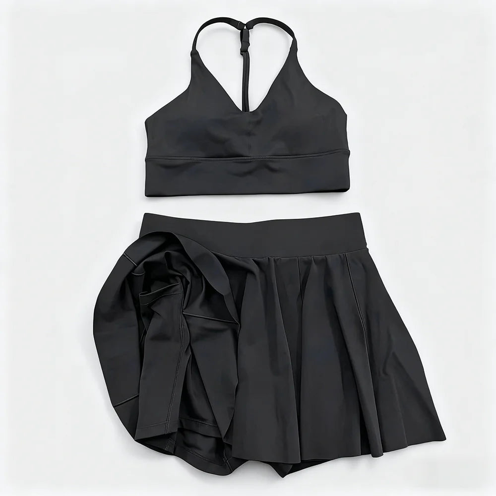 Conjunto de yoga para mujer con sujetador y falda corta de tenis - Traje de fitness, conjunto de running, camiseta sin mangas para exteriores con bolsillo, ropa deportiva