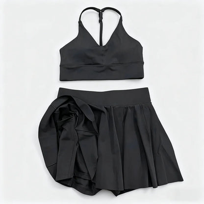 Conjunto de yoga para mujer con sujetador y falda corta de tenis - Traje de fitness, conjunto de running, camiseta sin mangas para exteriores con bolsillo, ropa deportiva