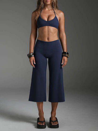 Women Halter Bralette Yoga Outfit Elastic Wide Leg Pants Set, Lightweight Slim Activewear, Fitness Suit for Running Daily Sports