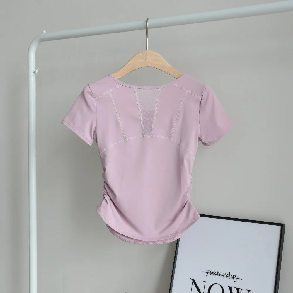 Women's Summer Ruched Waist Workout T-Shirt Mesh Panel Sports Top, Moisture-Wicking & Breathable – Yoga Gym Running Fitness Tee