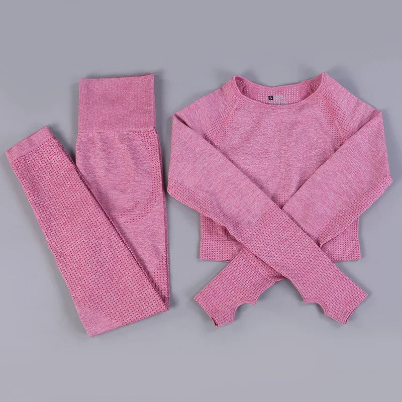 Conjunto de yoga sin costuras de leggings y top, mono de fitness, top de yoga de manga larga para mujer, ropa deportiva de gimnasio para mujer