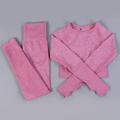 Conjunto de yoga sin costuras de leggings y top, mono de fitness, top de yoga de manga larga para mujer, ropa deportiva de gimnasio para mujer