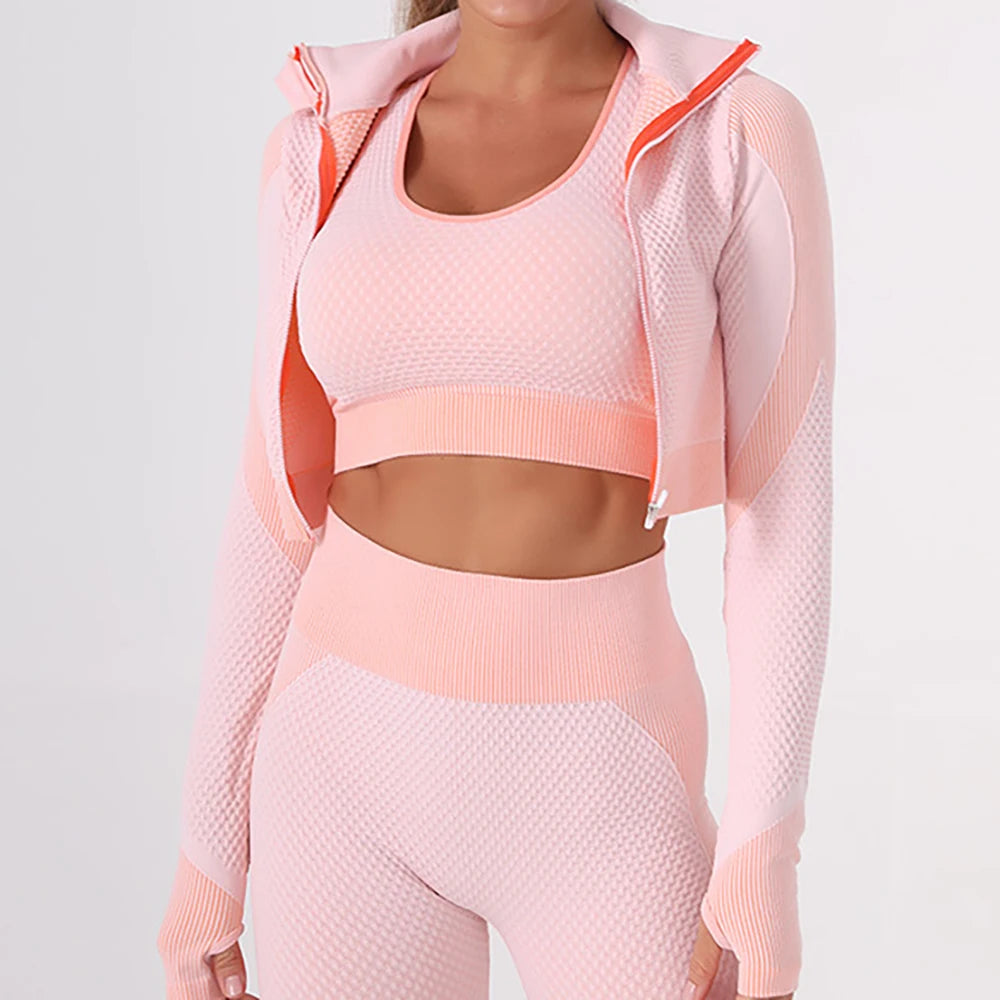 Conjunto de entrenamiento sin costuras de 3 piezas para mujer con chaqueta, sujetador y leggings, traje de yoga de tres piezas para deportes y fitness