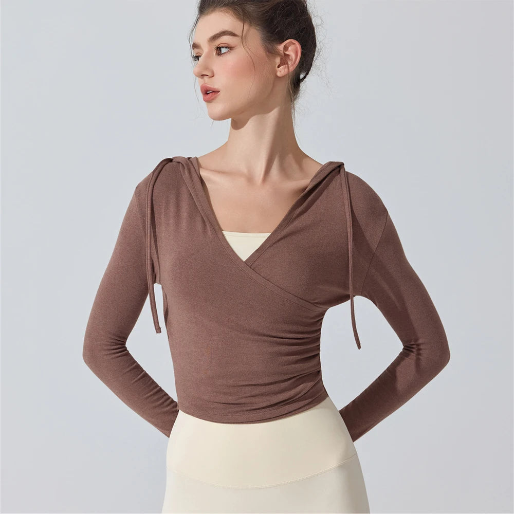 Camiseta de yoga con capucha de manga larga para mujer - Camiseta de entrenamiento con cuello en V ajustada para Pilates, gimnasio, ropa deportiva, blusa