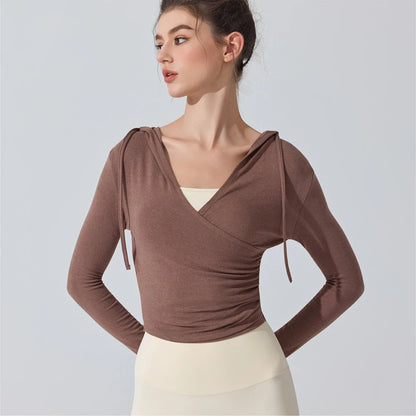 Camiseta de yoga con capucha de manga larga para mujer - Camiseta de entrenamiento con cuello en V ajustada para Pilates, gimnasio, ropa deportiva, blusa
