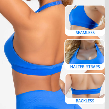 Sujetador deportivo halter sin costuras para mujer, con espalda abierta, a prueba de golpes, elástico, top de yoga para gimnasio, correr, fitness y uso diario casual