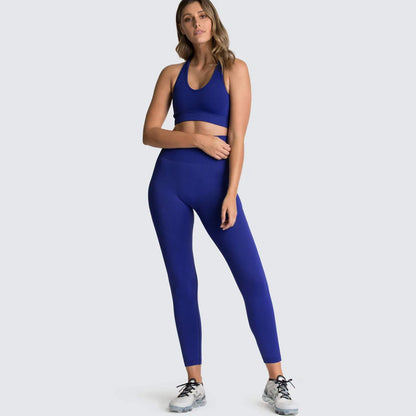 Conjunto de yoga sin costuras para mujer, top corto de fitness y leggings de talle alto con control de abdomen y sujetador incorporado para Pilates, gimnasio y running