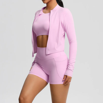 Nude Brushed Yoga Three-Piece Set – Long-Sleeved Sports Jacket, Casual Pocket Shorts & Hip-Lifting Design, for Running Fitness