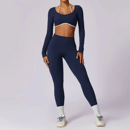 Traje de yoga de mujer con espalda hermosa y colores contrastantes, ropa deportiva ajustada para yoga, fitness y uso diario
