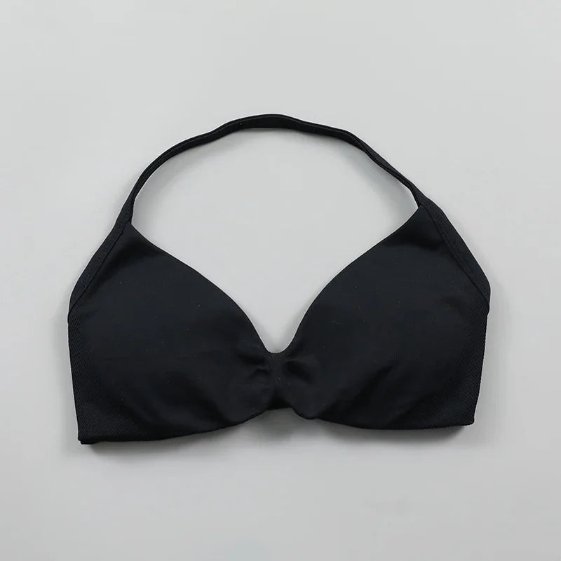 Sujetador deportivo tipo halter con tirantes y escote en V para mujer, soporte bajo, fruncido, espalda abierta sexy, top corto de gimnasio, copas acolchadas, sin costuras, para entrenamiento o yoga