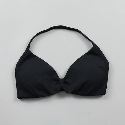 Sujetador deportivo tipo halter con tirantes y escote en V para mujer, soporte bajo, fruncido, espalda abierta sexy, top corto de gimnasio, copas acolchadas, sin costuras, para entrenamiento o yoga