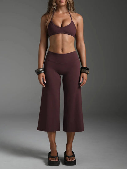 Women Halter Bralette Yoga Outfit Elastic Wide Leg Pants Set, Lightweight Slim Activewear, Fitness Suit for Running Daily Sports