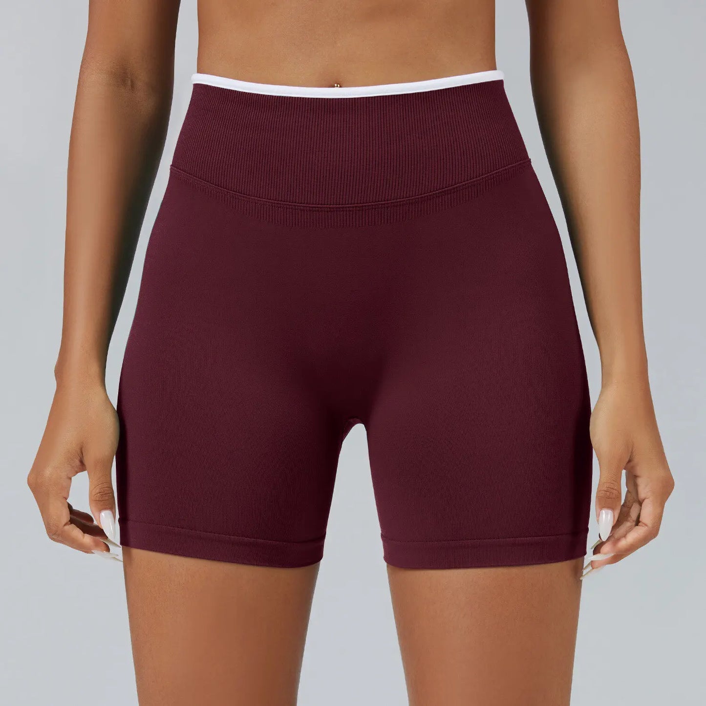 Pantalones cortos de yoga de cintura alta sin costuras con bloques de color para mujer, levantamiento de cadera, pantalones deportivos delgados para trotar, entrenar en el gimnasio, uso diario