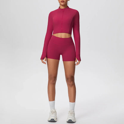 2Pieces Fitness Yoga Set Thumbhole Long Sleeve Top & Gym Shorts, Zipper Activewear for Women Yoga, Running, Workout Training