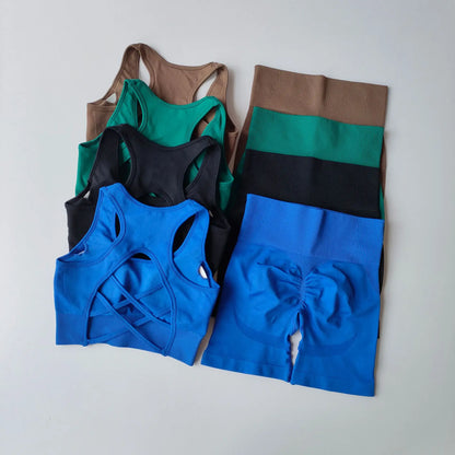 Conjunto de 2 piezas sin costuras de yoga para mujer – Pantalones cortos y top de secado rápido, ropa deportiva de espalda cruzada – Conjunto de fitness para correr, yoga y entrenamientos