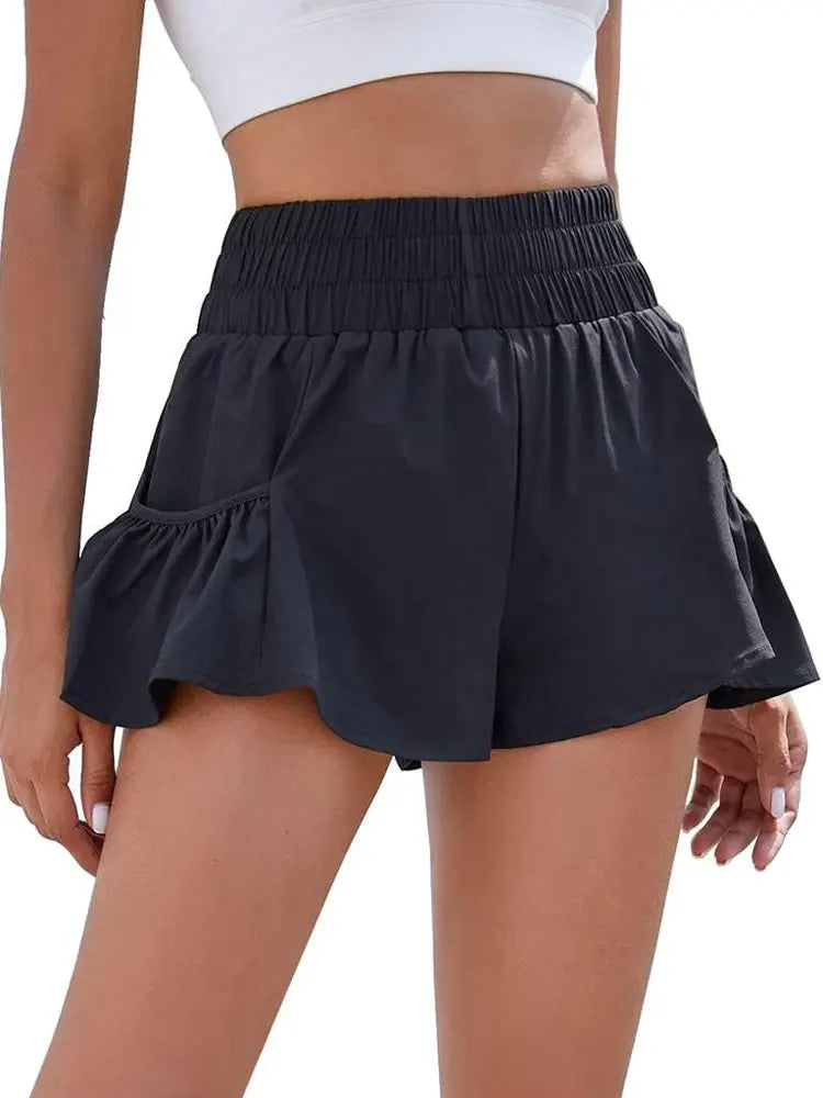 Pantalones cortos deportivos de mujer de cintura alta para correr, para gimnasio, de secado rápido, fluidos, con bolsillos
