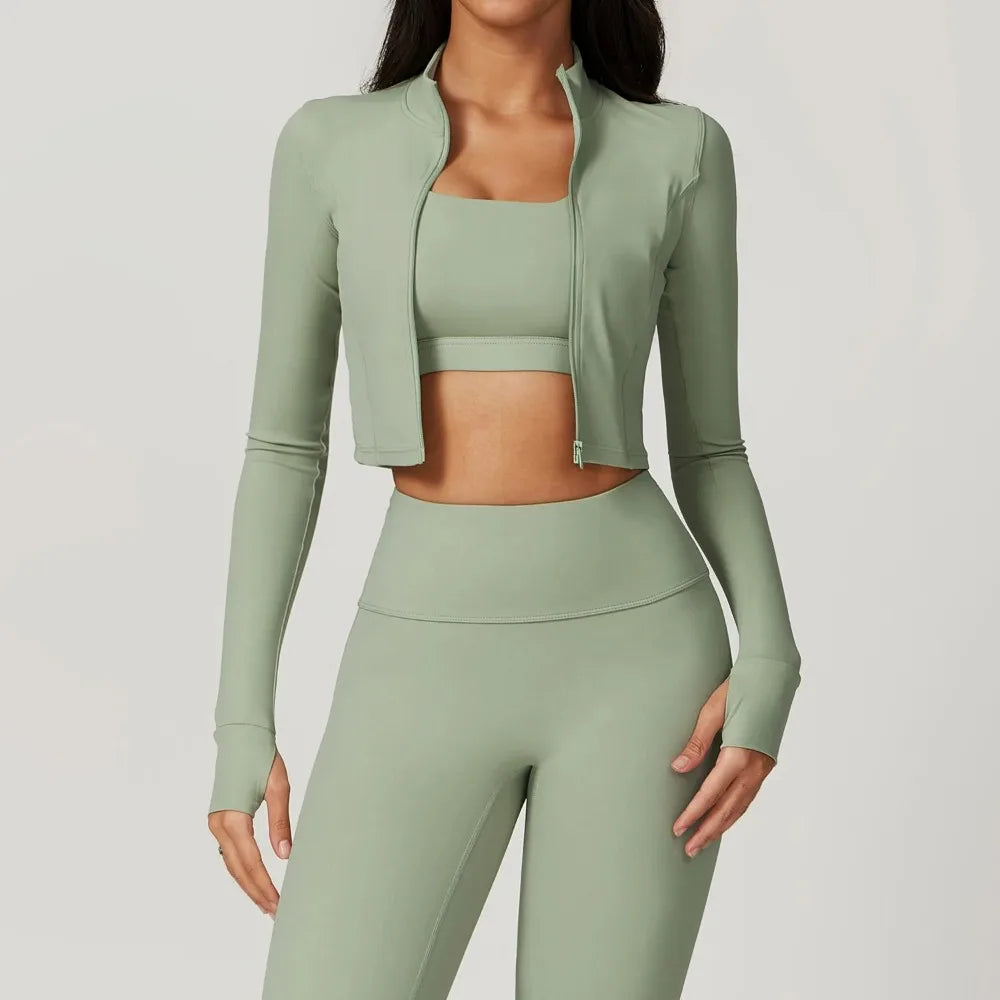 Sports Long Sleeved Women Slim Yoga Clothes Quick Dry Zipper Cardigan Stand Up Collar Jacket Running Fitness Jacket Outdoor Top
