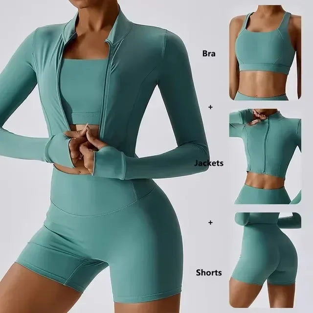 Conjunto de yoga 3 piezas traje deportivo para mujer ropa de yoga de secado rápido chaquetas de gimnasia ropa deportiva para mujer chaquetas de running conjunto para mujer