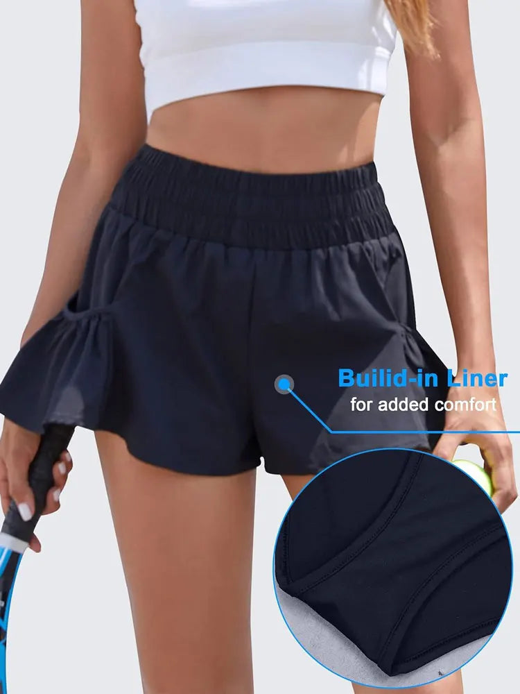 Pantalones cortos deportivos de mujer de cintura alta para correr, para gimnasio, de secado rápido, fluidos, con bolsillos