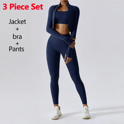 Conjunto de 3 piezas de ropa deportiva para mujer: Top de yoga, chaqueta, pantalones, leggings, sujetador deportivo, shorts ajustados, ropa de gimnasio, trajes de fitness