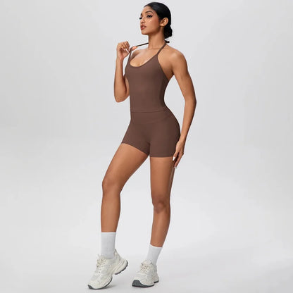 Conjunto de yoga para gimnasio de 2 piezas para mujer, chaleco sin espalda con tirantes en el cuello, tirantes finos en los hombros, shorts de fitness de cintura alta para mujer, traje deportivo