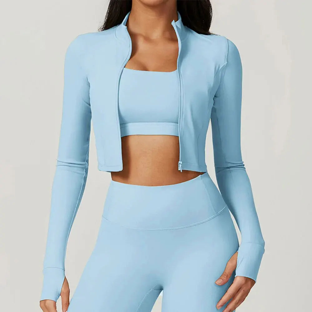 Sports Long Sleeved Women Slim Yoga Clothes Quick Dry Zipper Cardigan Stand Up Collar Jacket Running Fitness Jacket Outdoor Top
