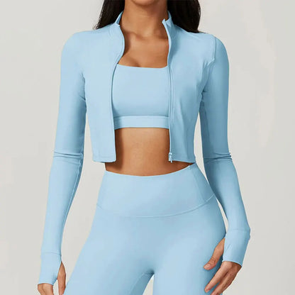 Sports Long Sleeved Women Slim Yoga Clothes Quick Dry Zipper Cardigan Stand Up Collar Jacket Running Fitness Jacket Outdoor Top
