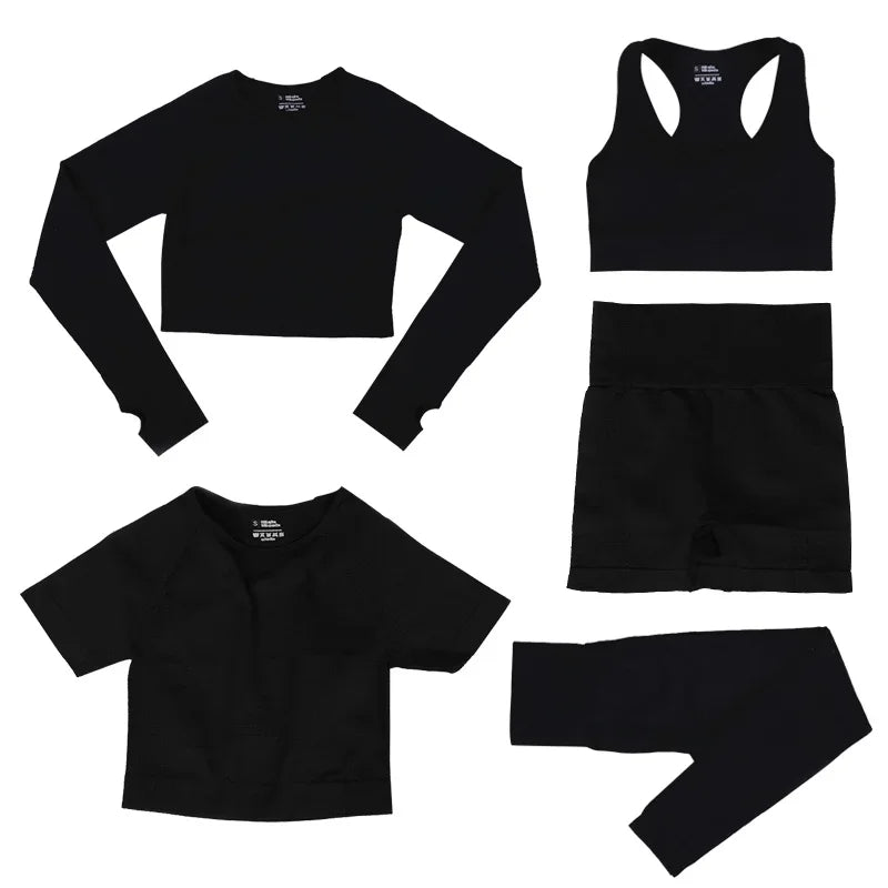 Women's 5-Piece Seamless Yoga Set, Dot Print Crop Top High Waist Leggings Long Sleeve Activewear for Gym Pilates Outdoor Fitness