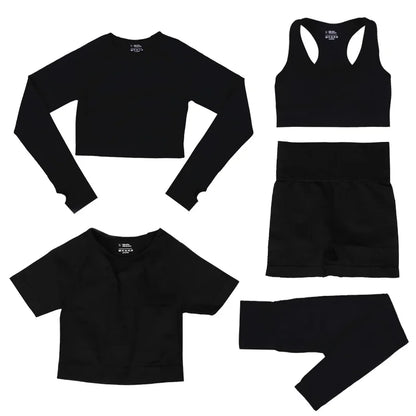 Women's 5-Piece Seamless Yoga Set, Dot Print Crop Top High Waist Leggings Long Sleeve Activewear for Gym Pilates Outdoor Fitness