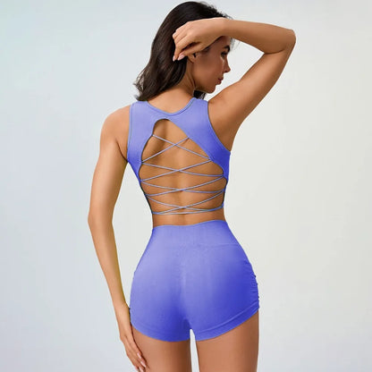 2025 Women's Seamless Racerback Yoga Set – Sports Bra + Shorts – Moisture-Wicking Activewear for Running, Fitness & Workouts