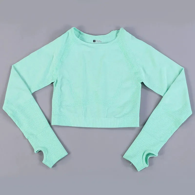 Seamless Knitting Yoga Shirt for Women Fitness Gym Shirt Breathable with Thumb Hole Workout Exercise Long Sleeved Woman Outfit