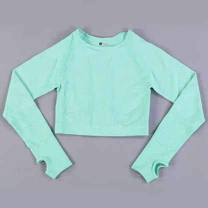 Seamless Knitting Yoga Shirt for Women Fitness Gym Shirt Breathable with Thumb Hole Workout Exercise Long Sleeved Woman Outfit