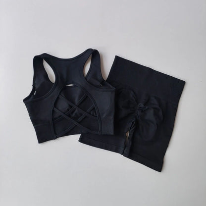 Conjunto de 2 piezas sin costuras de yoga para mujer – Pantalones cortos y top de secado rápido, ropa deportiva de espalda cruzada – Conjunto de fitness para correr, yoga y entrenamientos