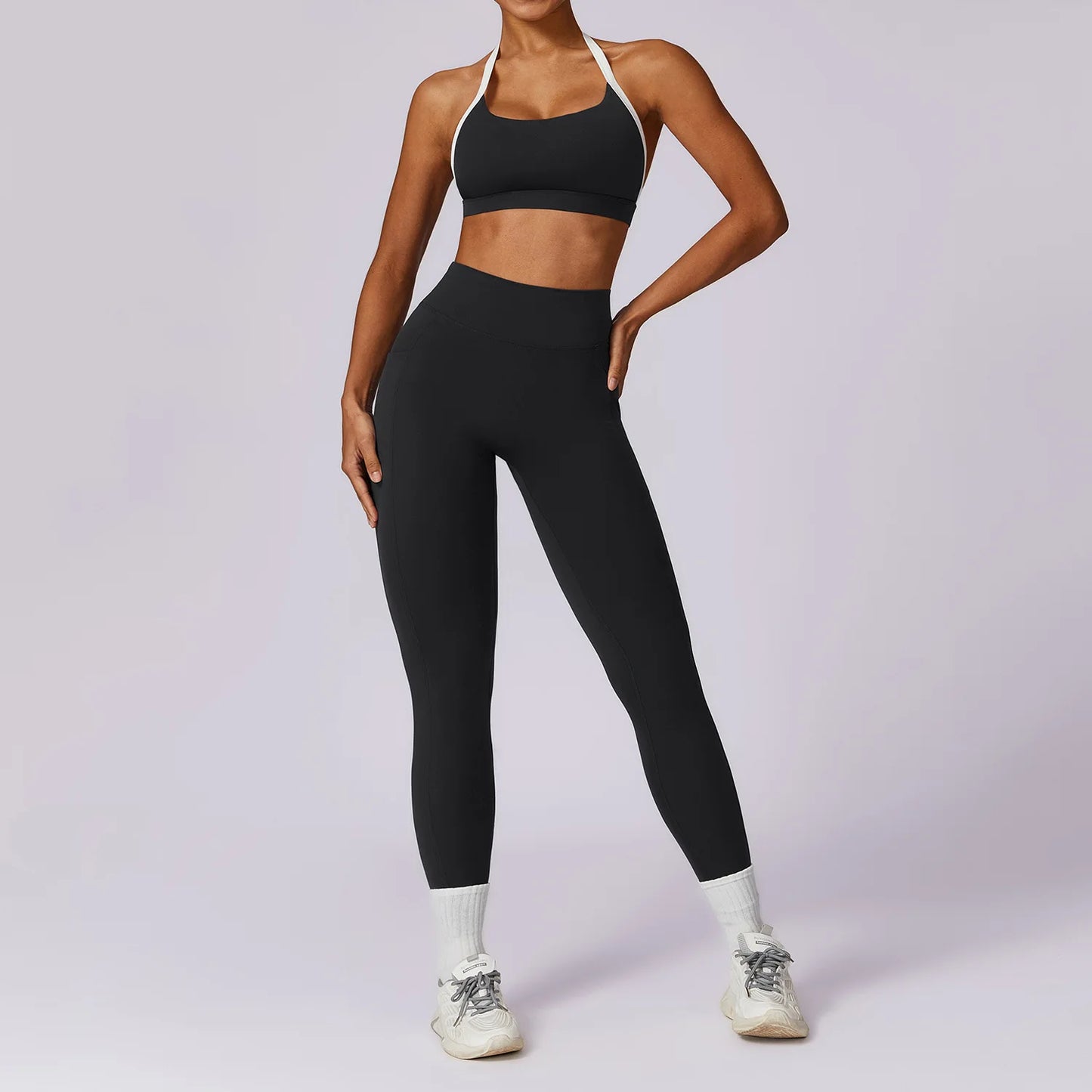 Traje de yoga de mujer con espalda hermosa y colores contrastantes, ropa deportiva ajustada para yoga, fitness y uso diario