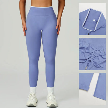 Women's Gym Seamless Contrast Color Yoga Set - Hollow Back Workout Shirt High Waist Fitness Leggings Tight Outdoor Outfit