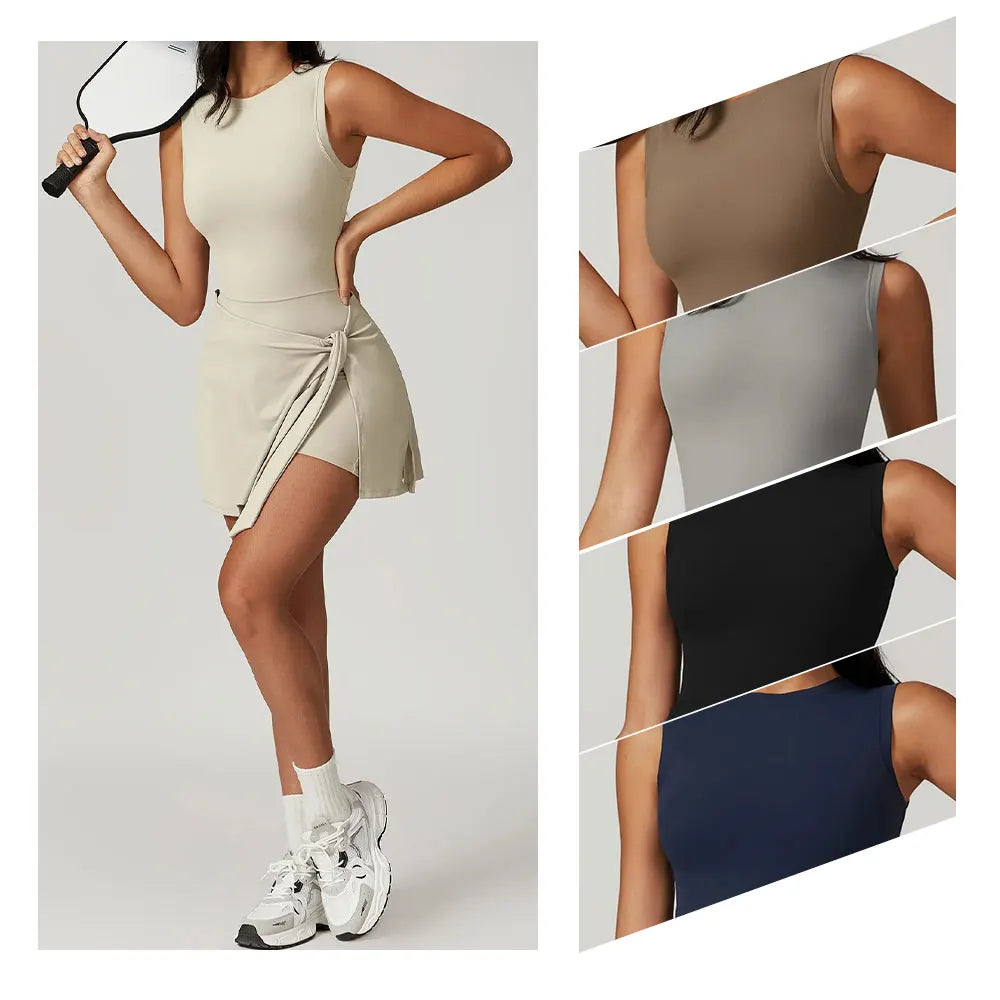 Nuevas faldas de yoga seguras de verano para mujer, tenis, gimnasio, golf, correr, fitness con almohadillas para el pecho, falda de una pieza, falda de baile antideslumbrante