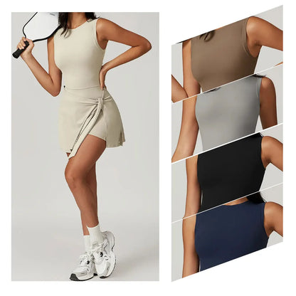 Nuevas faldas de yoga seguras de verano para mujer, tenis, gimnasio, golf, correr, fitness con almohadillas para el pecho, falda de una pieza, falda de baile antideslumbrante