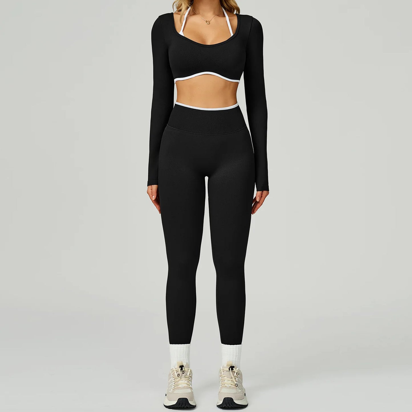 Women's Gym Seamless Contrast Color Yoga Set - Hollow Back Workout Shirt High Waist Fitness Leggings Tight Outdoor Outfit